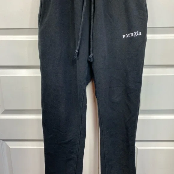 YoungLA Sweatpants Fleece Drawstring Pockets Small Black Bottoms Have Been Cut - Picture 4 of 6